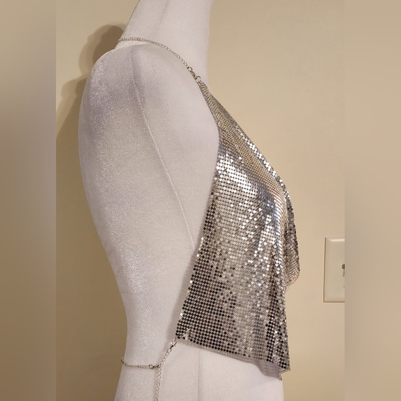 Sexy Silver Halter Chain Crop Top Adjustable Chains around the neck and waist - Picture 6 of 10